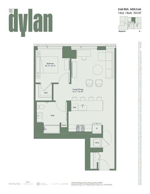 Floor plan for 1 bed, 1 bath, 764 sqft
