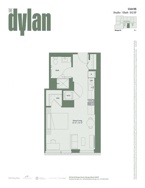 Floor plan for studio, 1 bath, 512 sqft