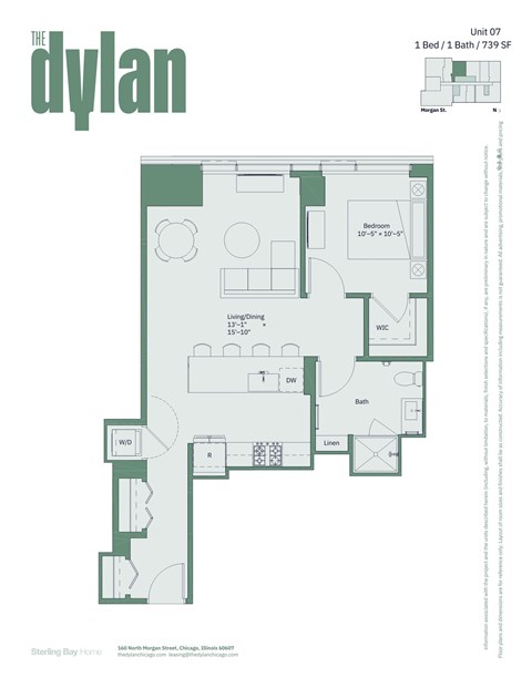 Floor plan for 1 bed, 1 bath, 739 sqft