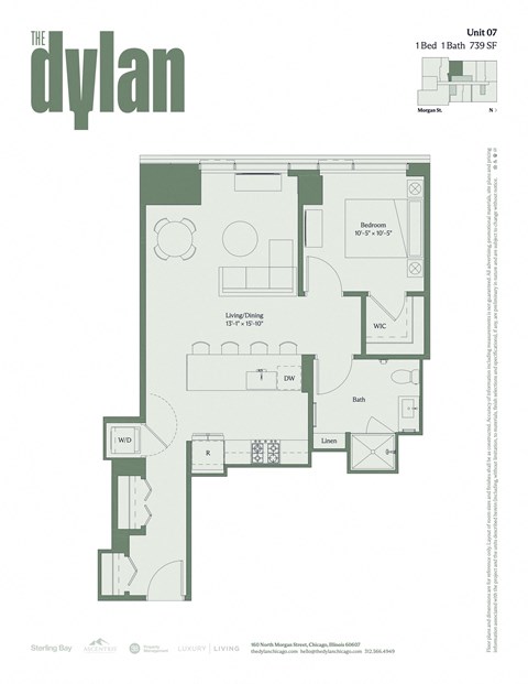 Floor plan for 1 bed, 1 bath, 739 sqft