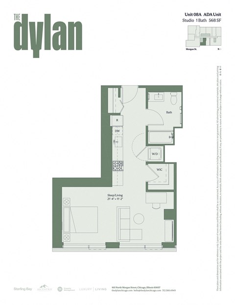 Floor plan for studio, 1 bath, 568 sqft