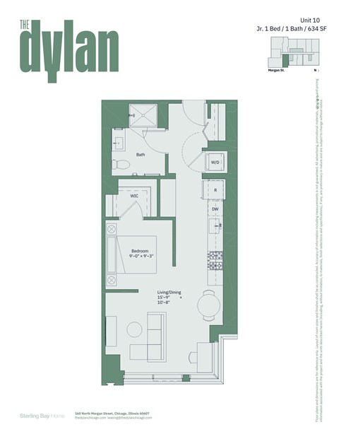 Floor plan for studio, 1 bath, 634 sqft