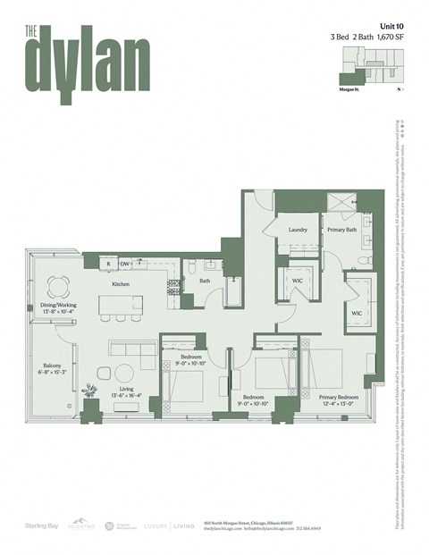 Floor plan for 3 beds, 2 baths, 1670 sqft