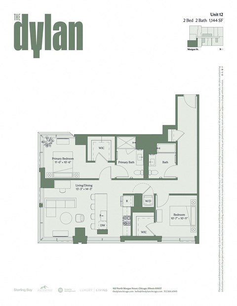 Floor plan for 2 beds, 2 baths, 1144 sqft