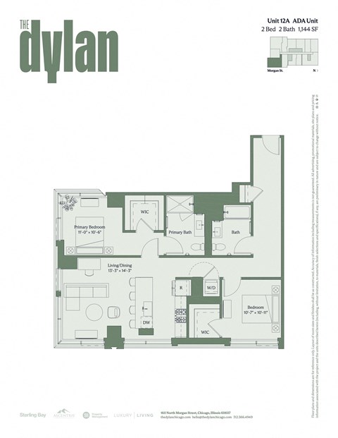 Floor plan for 2 beds, 2 baths, 1144 sqft