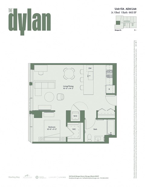 Floor plan for studio, 1 bath, 610 sqft
