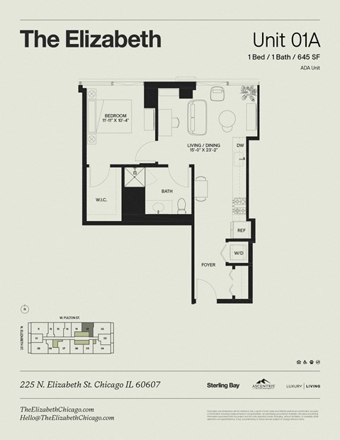 Floor plan for 1 bed, 1 bath, 645 sqft