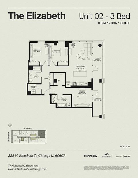 Floor plan for 3 beds, 2 baths, 1533 sqft