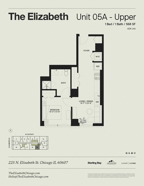 Floor plan for 1 bed, 1 bath, 568 sqft