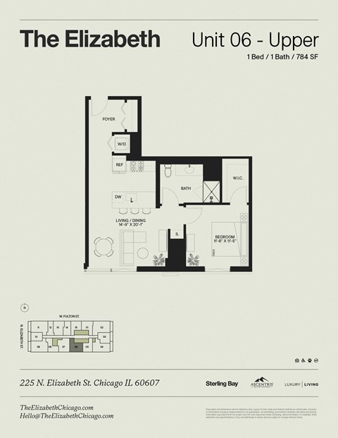 Floor plan for 1 bed, 1 bath, 784 sqft