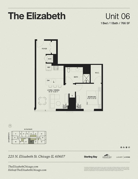 Floor plan for 1 bed, 1 bath, 766 sqft