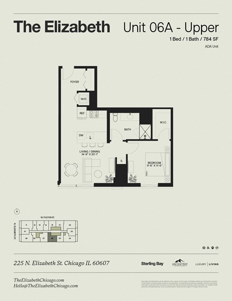 Floor plan for 1 bed, 1 bath, 783 sqft