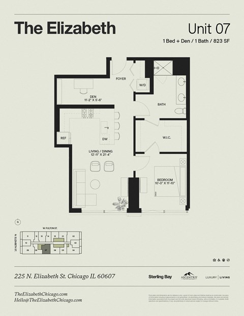 Floor plan for 1 bed, 1 bath, 823 sqft