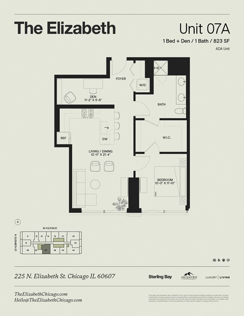 Floor plan for 1 bed, 1 bath, 823 sqft