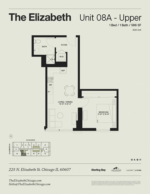 Floor plan for 1 bed, 1 bath, 586 sqft