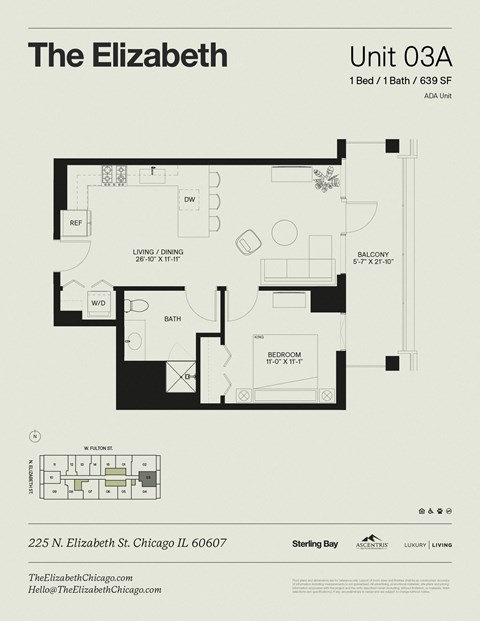 Floor plan for 1 bed, 1 bath, 639 sqft