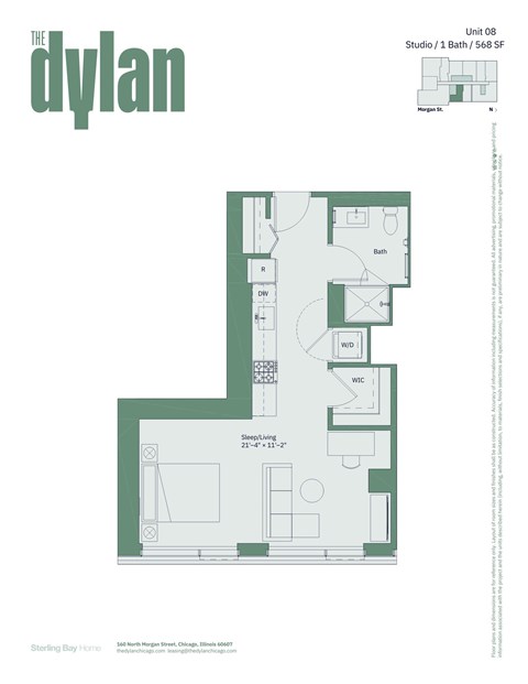 Floor plan for studio, 1 bath, 568 sqft