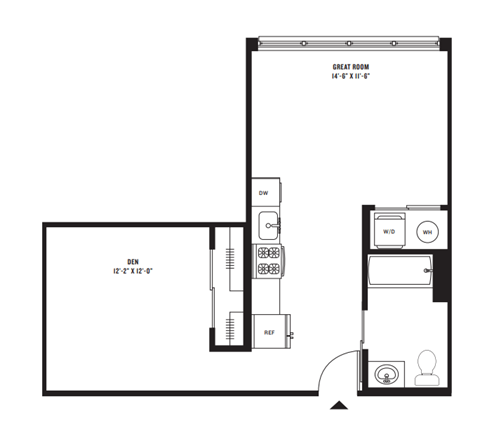 Floor plan for studio, 1 bath, 594 sqft