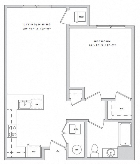 Floor plan for 1 bed, 1 bath, 733 sqft