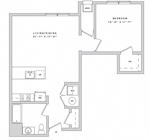Floor plan for 1 bed, 1 bath, 751 sqft