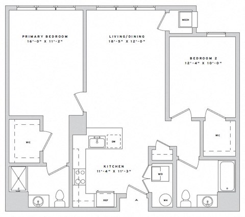Floor plan for 2 beds, 2 baths, 1019 sqft