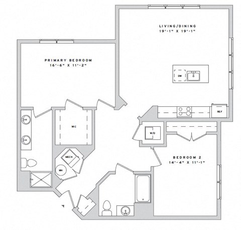 Floor plan for 2 beds, 2 baths, 1186 sqft