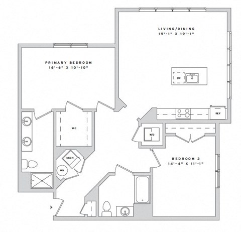 Floor plan for 2 beds, 2 baths, 1195 sqft