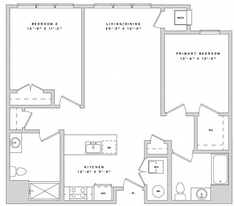 Floor plan for 2 beds, 2 baths, 1019 sqft
