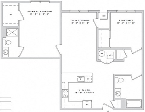 Floor plan for 2 beds, 2 baths, 1105 sqft