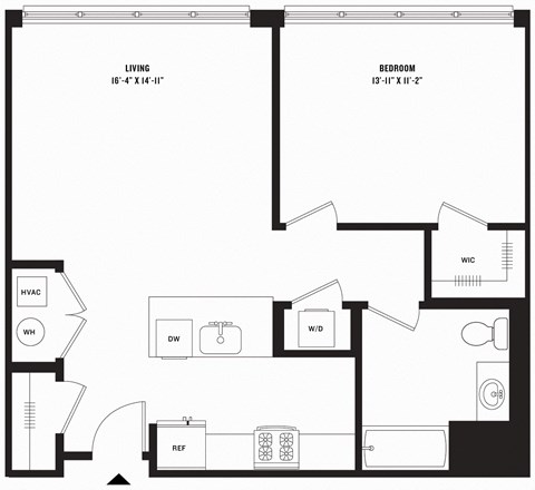 Floor plan for 1 bed, 1 bath, 784 sqft