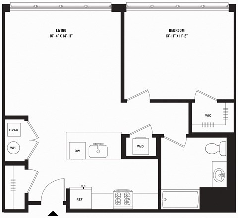 Floor plan for 1 bed, 1 bath, 784 sqft