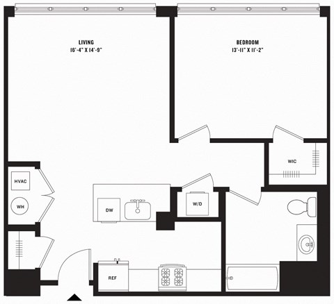 Floor plan for 1 bed, 1 bath, 801 sqft