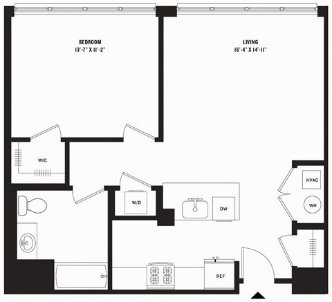 Floor plan for 1 bed, 1 bath, 784 sqft