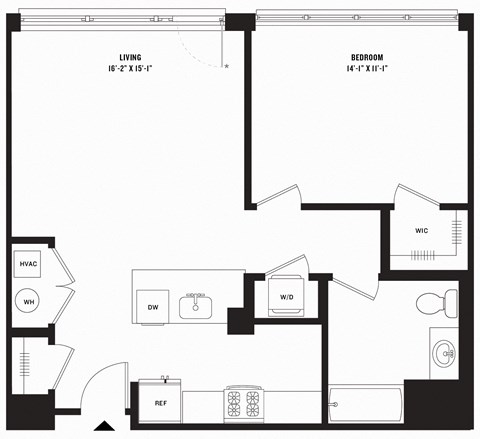 Floor plan for 1 bed, 1 bath, 793 sqft