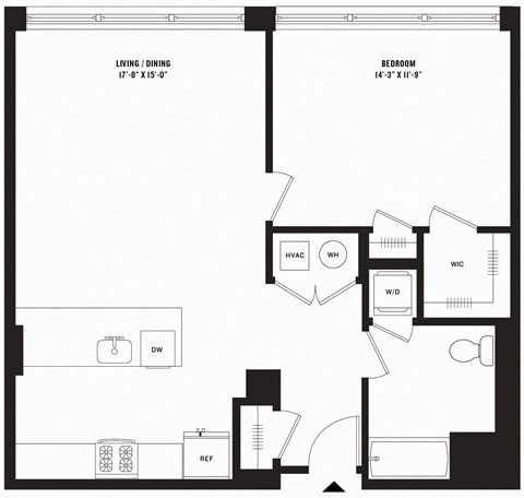 Floor plan for 1 bed, 1 bath, 850 sqft