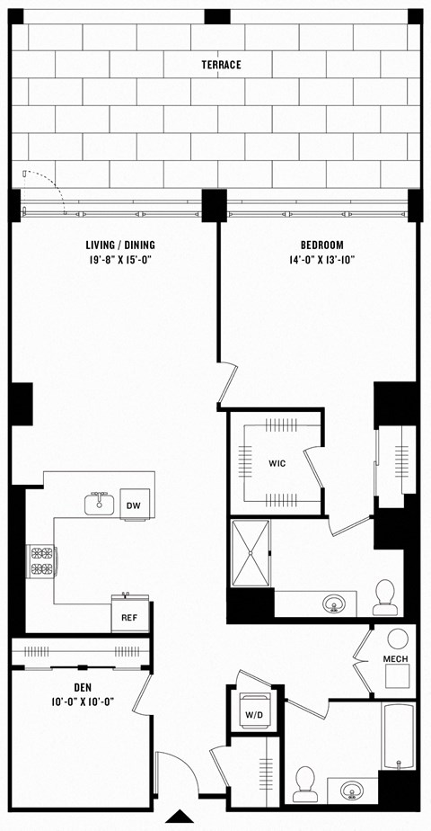 Floor plan for 1 bed, 2 baths, 1341 sqft