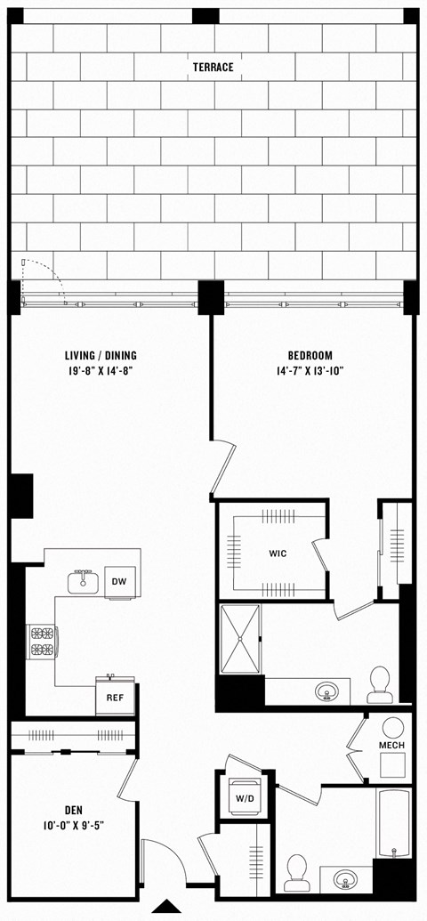 Floor plan for 1 bed, 2 baths, 1334 sqft