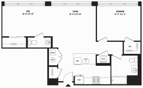 Floor plan for 1 bed, 1.5 baths, 1000 sqft