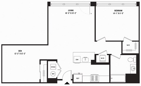 Floor plan for 1 bed, 1 bath, 987 sqft
