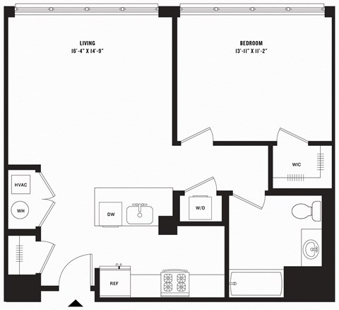 Floor plan for 1 bed, 1 bath, 779 sqft
