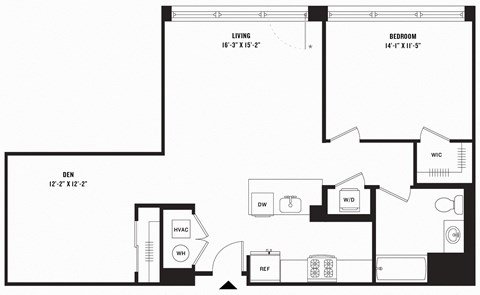 Floor plan for 1 bed, 1 bath, 987 sqft