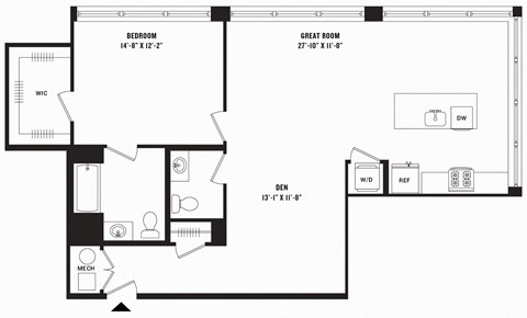 Floor plan for 1 bed, 1.5 baths, 1144 sqft