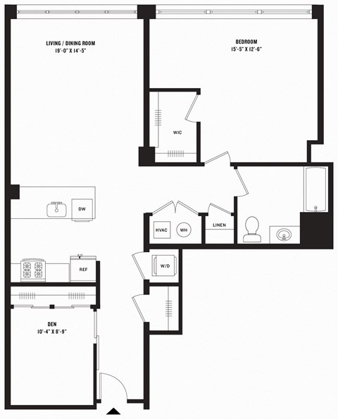 Floor plan for 1 bed, 1 bath, 1139 sqft
