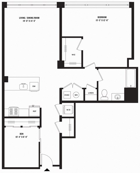 Floor plan for 1 bed, 1 bath, 1139 sqft