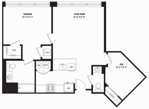 Floor plan for 1 bed, 1.5 baths, 920 sqft