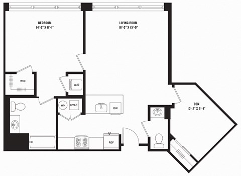 Floor plan for 1 bed, 1.5 baths, 920 sqft