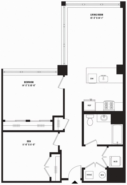 Floor plan for 1 bed, 1 bath, 996 sqft