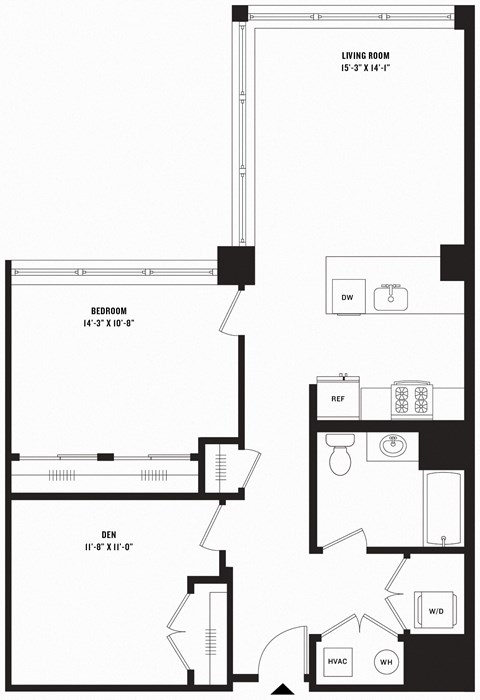 Floor plan for 1 bed, 1 bath, 996 sqft