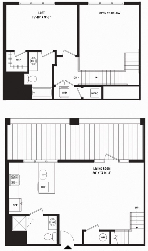 Floor plan for 1 bed, 1 bath, 933 sqft