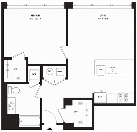 Floor plan for 1 bed, 1 bath, 801 sqft
